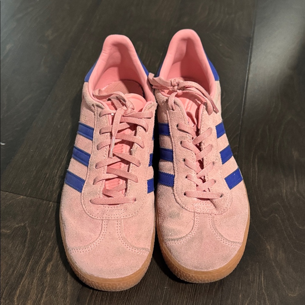 Adidas Pink Suede Sneakers with Blue Stripes
